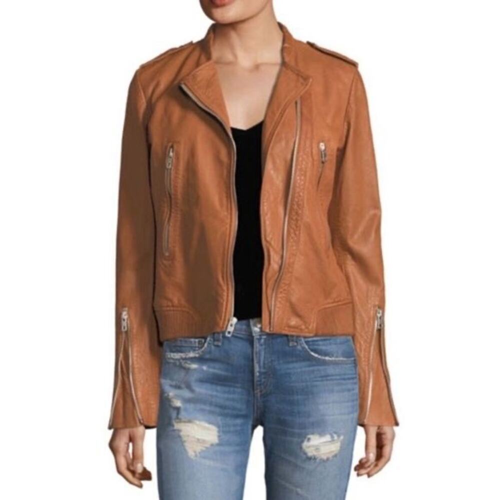 Rag & Bone Lyon Leather Moto Jacket Camel Tan Brown Biker Bomber Size 0 Boho